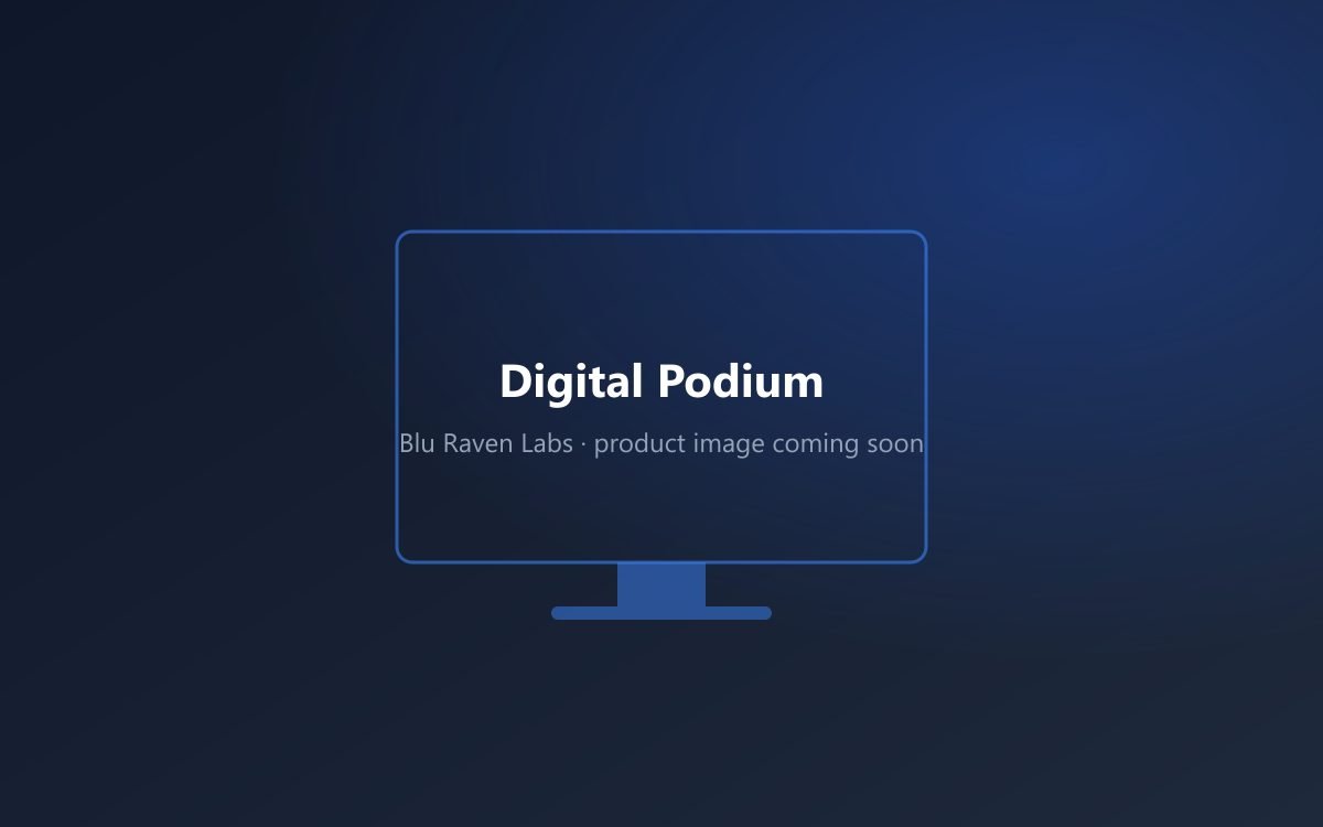 Digital podium with a built-in touch screen and branded front panel on a conference stage